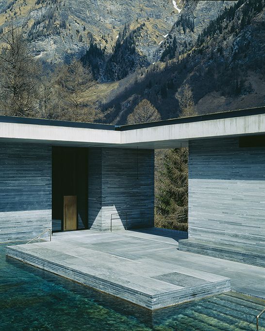 Stone bathhouse by Peter Zumthor in the Swiss mountains