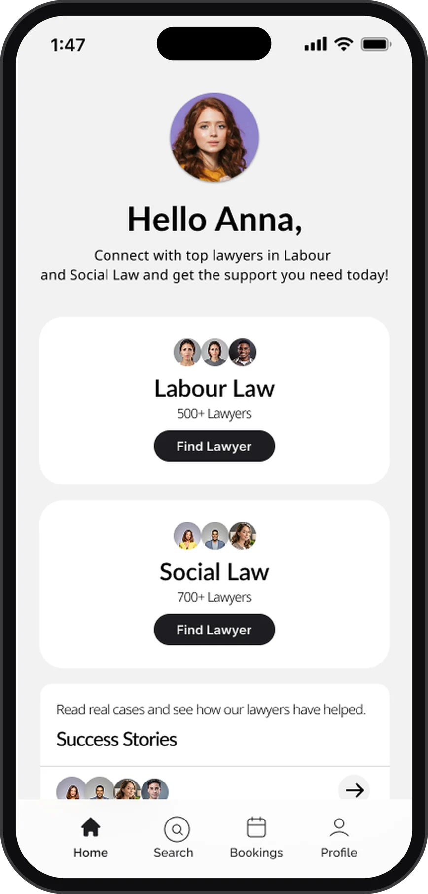 Home screen: Hello Anna, with Labour Law and Social Law entry points
