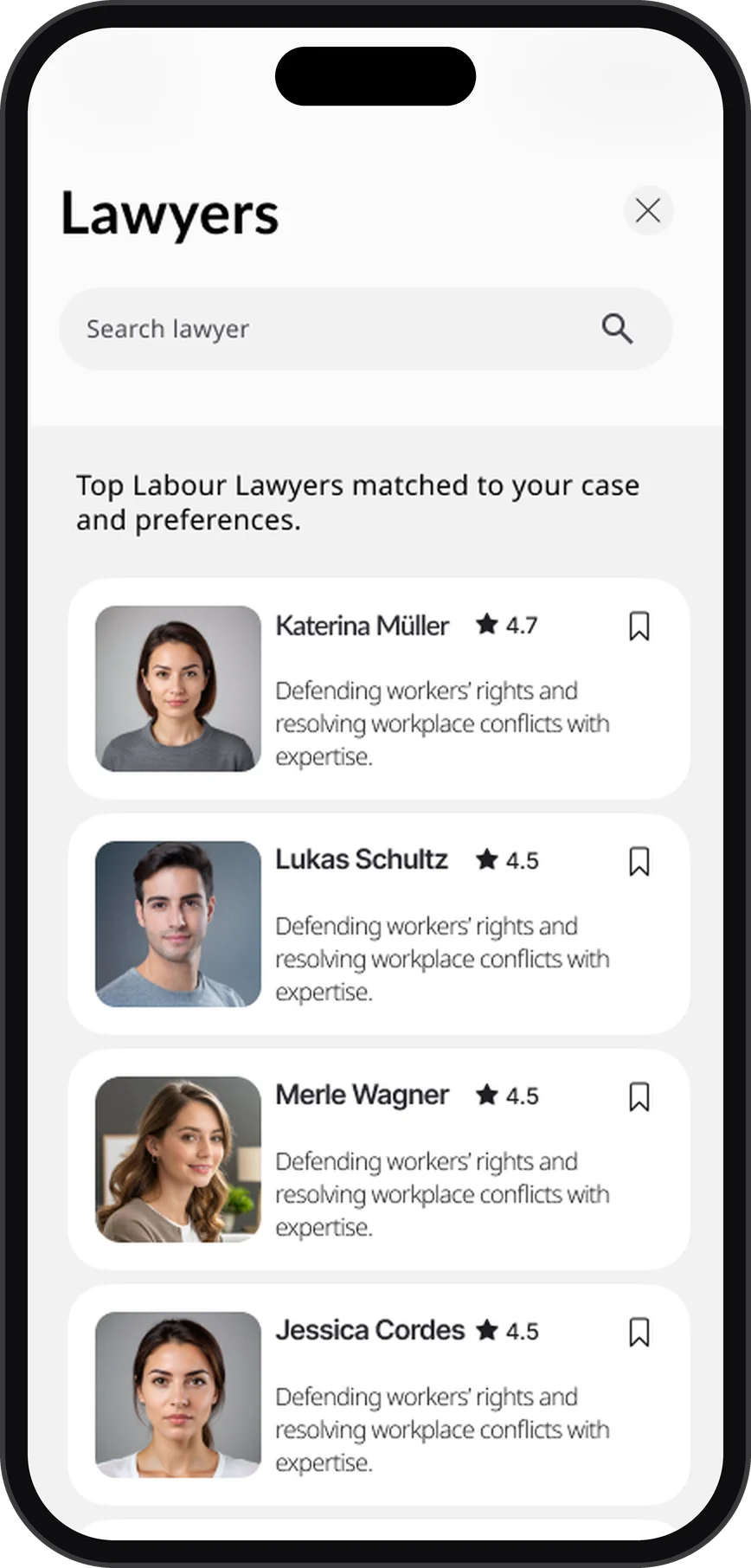 Lawyer list matched to the case and preferences