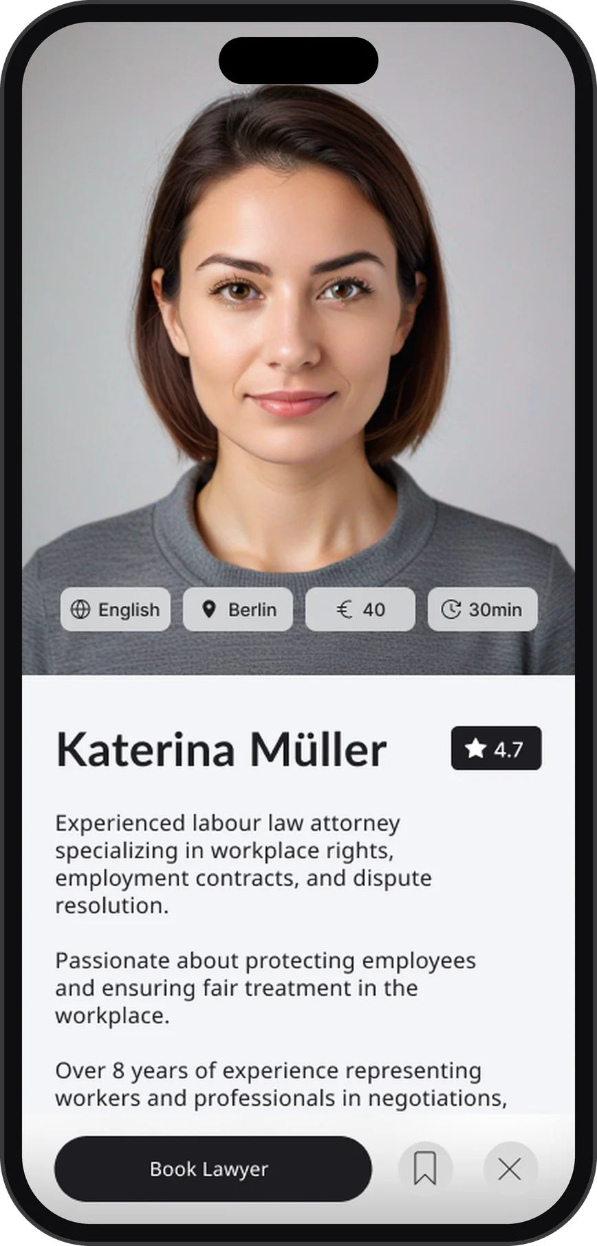 Lawyer profile with language, location, price and session length, and a Book Lawyer button