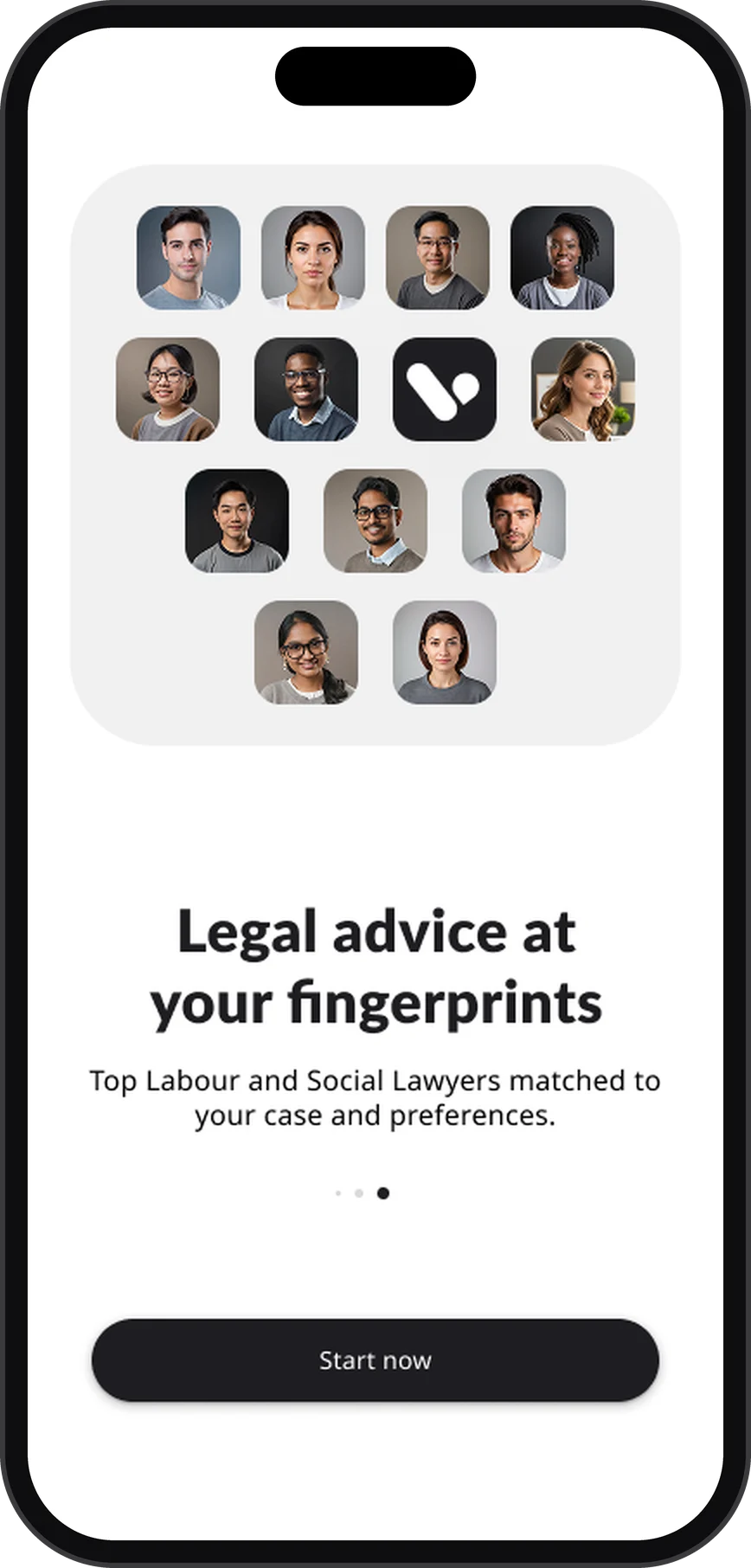 Welcome screen: top labour and social lawyers matched to your case and preferences, with a Start now button